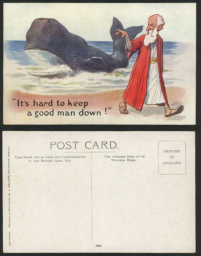 WHALE Fish Comic Humour It's Hard to Keep a Good Man Down Beach Sea Old Postcard