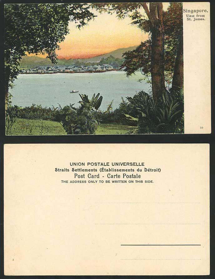 Singapore Old Postcard View from ST. JAMES Sunset Sampan Boat Village Hut No. 50