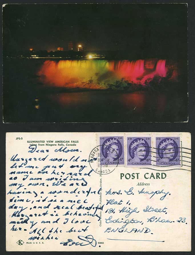 Illuminated American Falls by Night Canada Niagara Falls 1958 Old Color Postcard