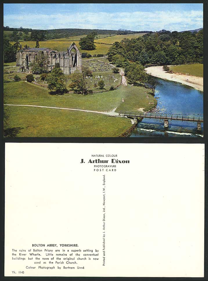 Bolton Abbey Yorkshire, Bridge River Wharfe, Priory Parish Church Ruins Postcard