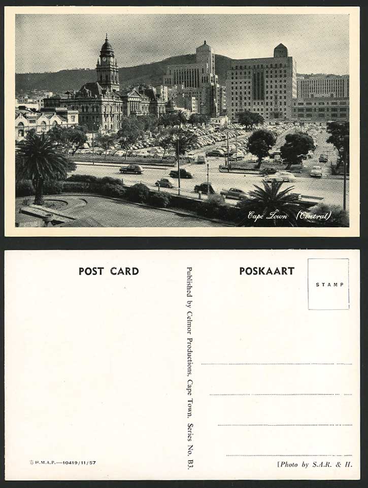 South Africa Old Postcard Cape Town Central, Clock Tower, Street Scene, Car Park