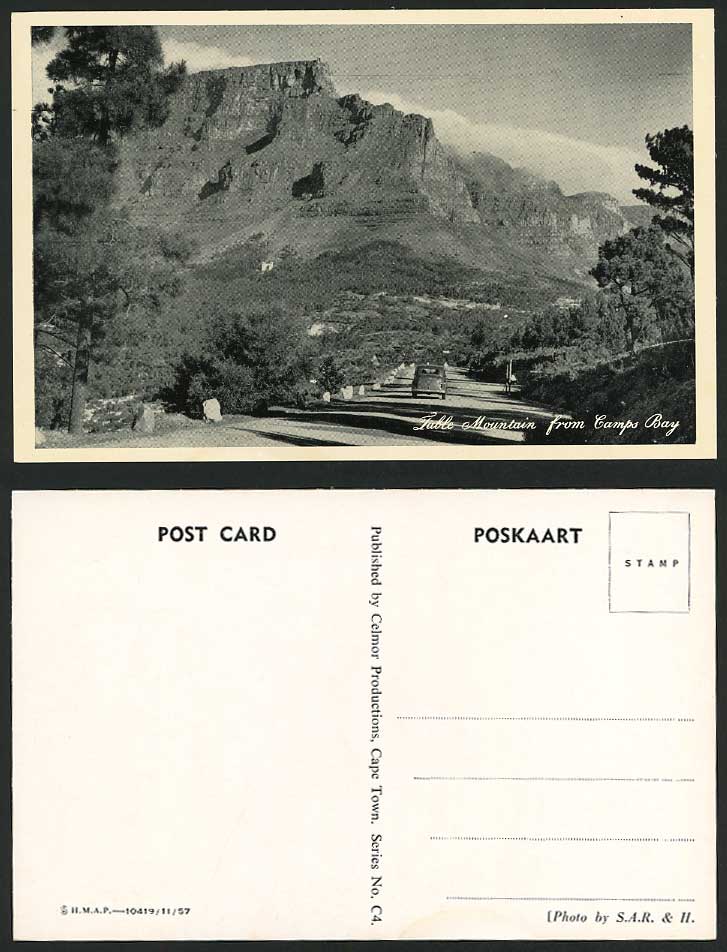South Africa Old Postcard Table Mountain from Camps Bay, Cape Town, Street & Car
