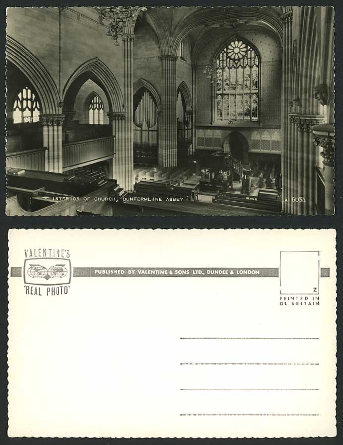 Dunfermline Abbey Church Interior Stained Glass Window, Pipe Organs Old Postcard