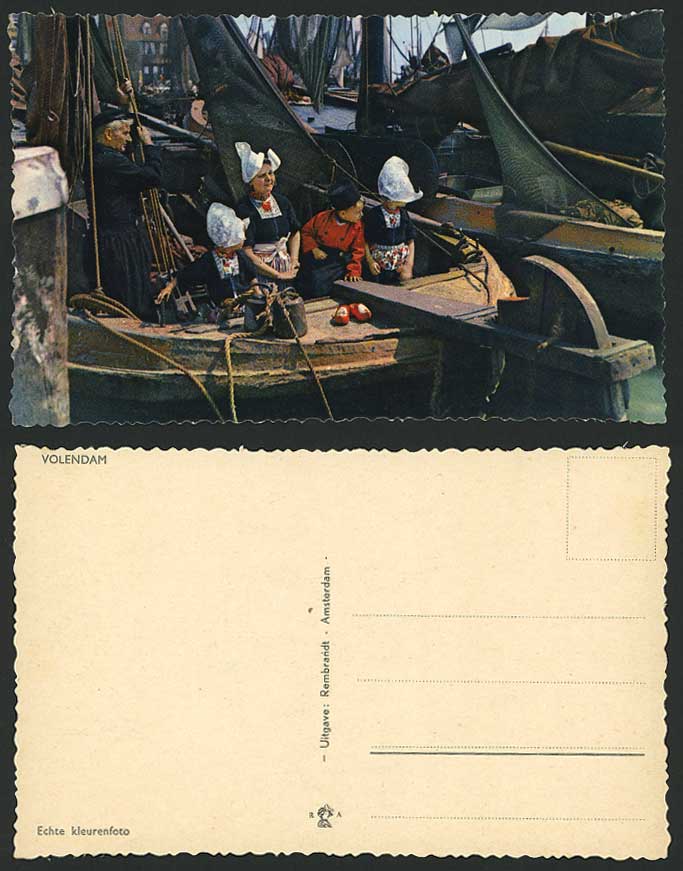 VOLENDAM Old Postcard Dutch Children Little Girls & Boy Fishing Boat Netherlands