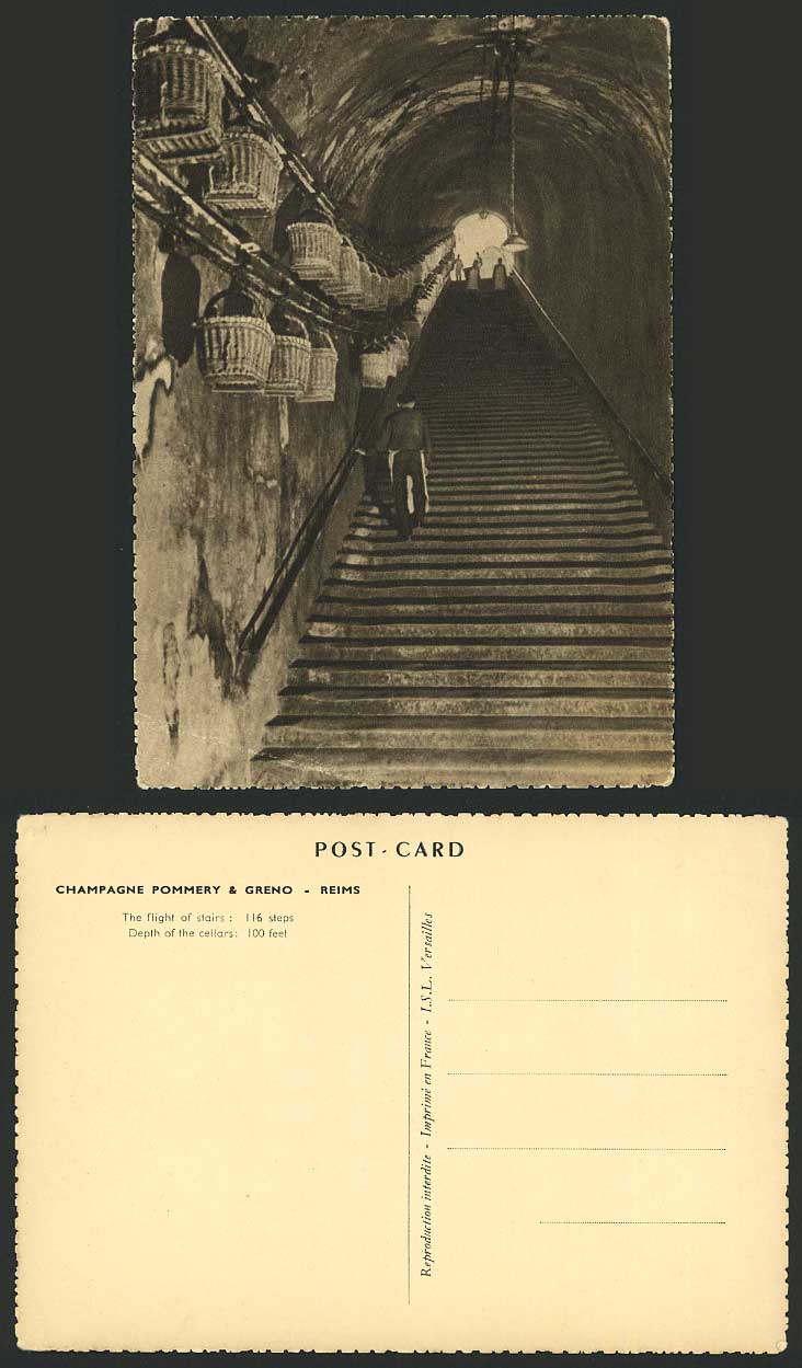 CHAMPAGNE POMMERY & GRENO, REIMS, Stairs 116 Steps Cellars 100 feet Old Postcard