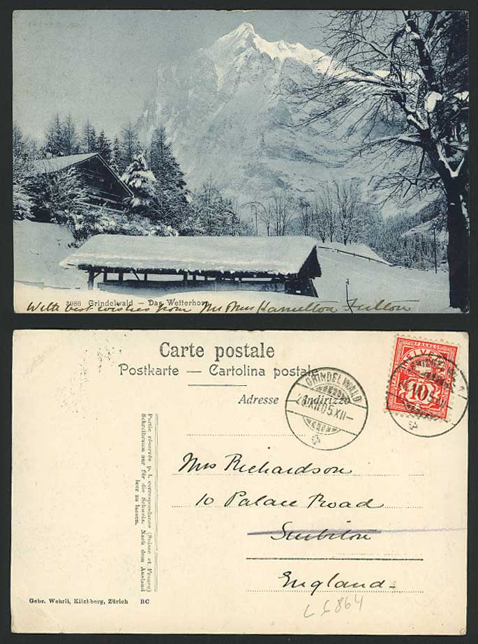 Switzerland Grindelwald Das Wetterhorn, Snowy Mountains 1905 Old Postcard Houses