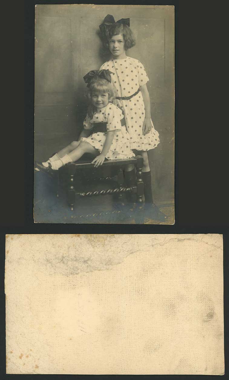 Beautiful Cute Little Girls Children, Antique Stool Spotty Dress Old Larger Card