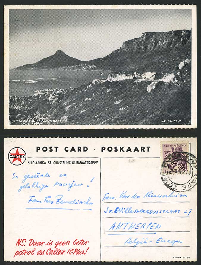 South Africa Cartex Petrol Oil Old Postcard Camps Camp's Bay Kampsbaai Cape Town