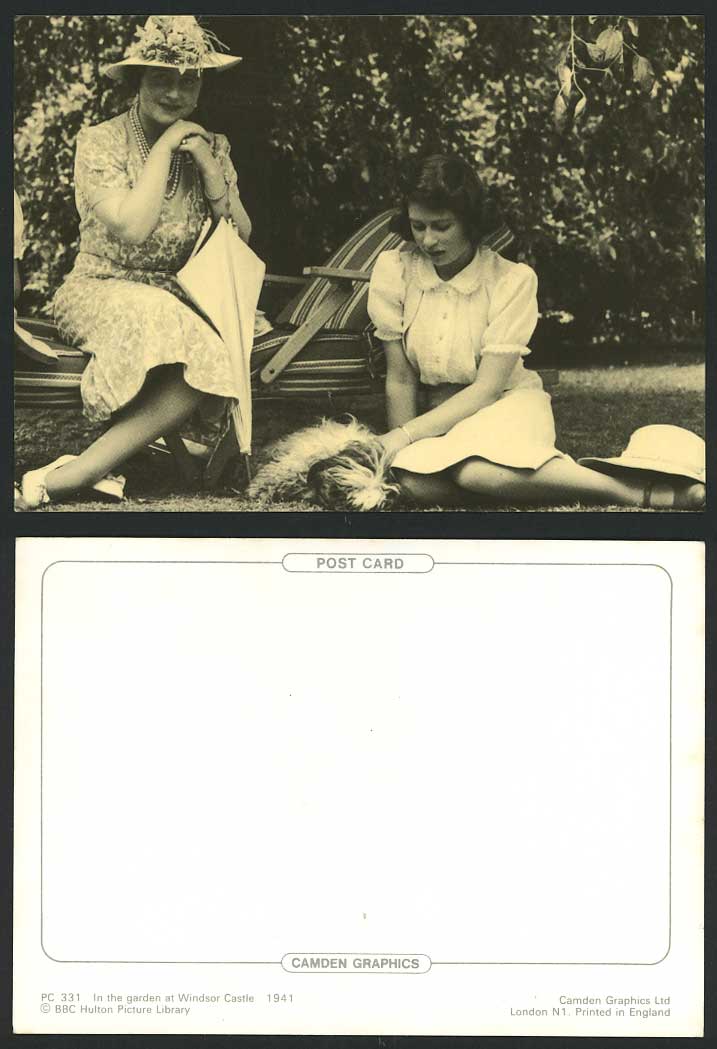 Princess Elizabeth & Mother, Dog Puppy Garden Windsor Castle 1941 Early Postcard