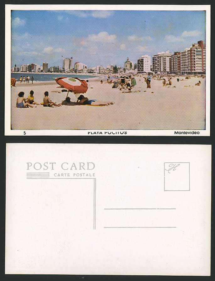 Uruguay MONTEVIDEO Playa de los Pocitos Old Color Postcard Beach Bathers Seaside