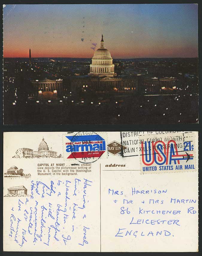 USA 1977 Early Postcard U.S. CAPITOL by NIGHT Washington DC Washington Monument