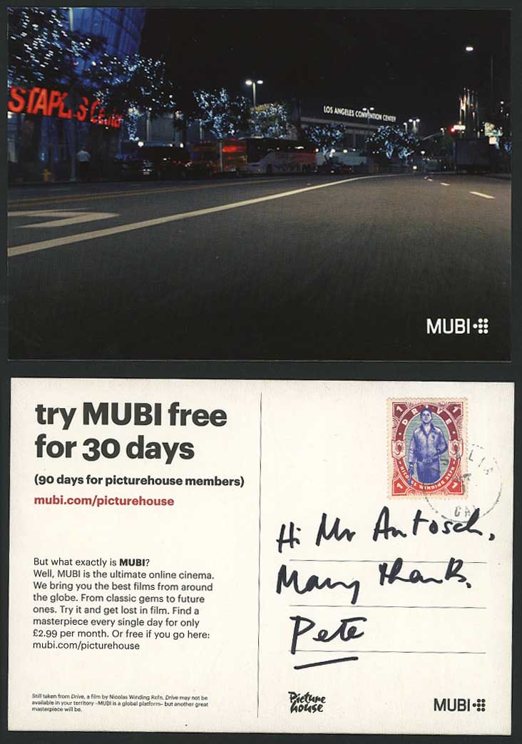 MUBI Online Cinema Advert. Postcard Los Angeles Convention Centre Staples Center