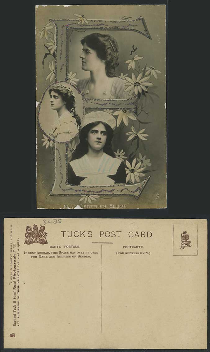 Actress GERTRUDE ELLIOTT Edelweiss Letter E Novelty Glitters Old Tuck's Postcard