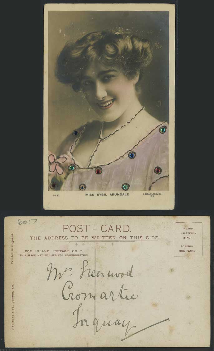Edwardian Actress Miss SYBIL ARUNDALE Lady Novelty with Glitters Old RP Postcard