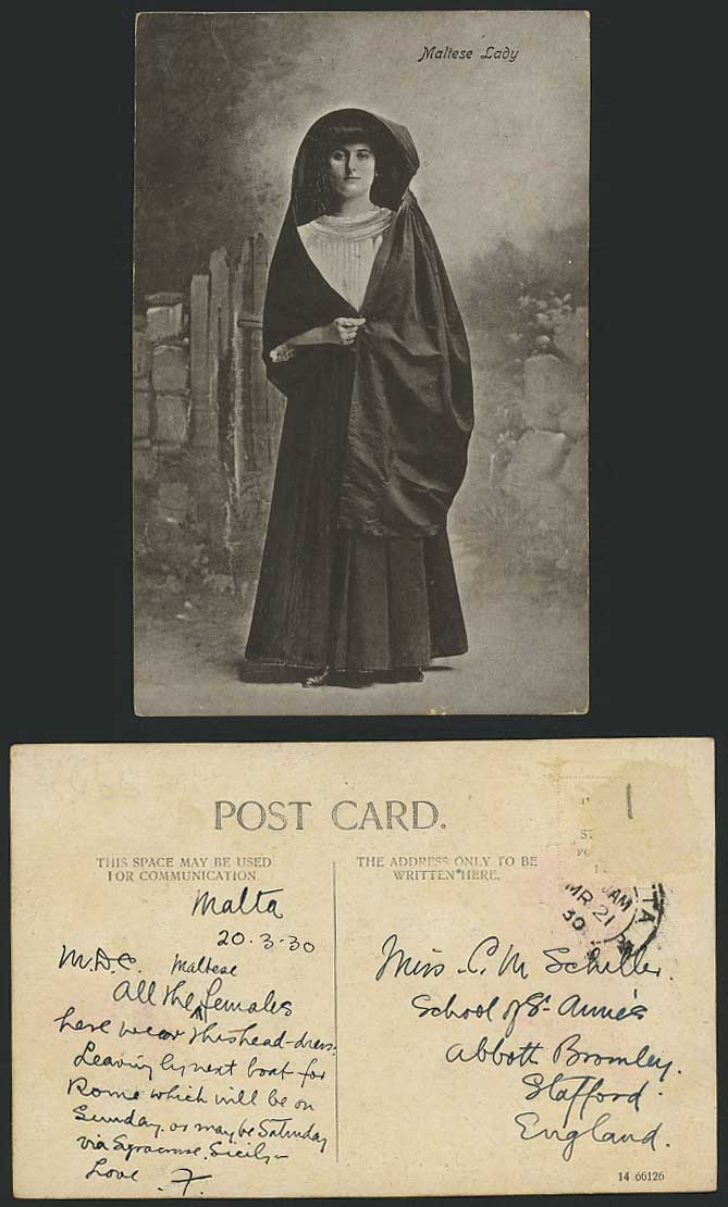 Malta 1930 Old Postcard Maltese Lady Woman wearing Faldetta Traditional Costumes