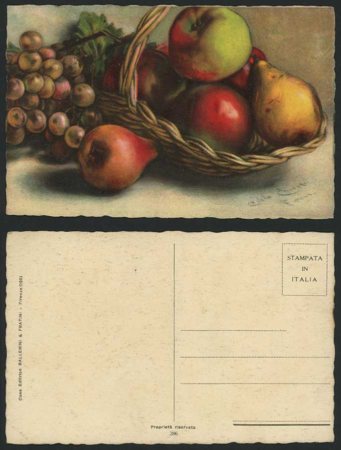 Fruit Basket Fruits Apples Grapes Pear Artist Signed, Firenze Italy Old Postcard