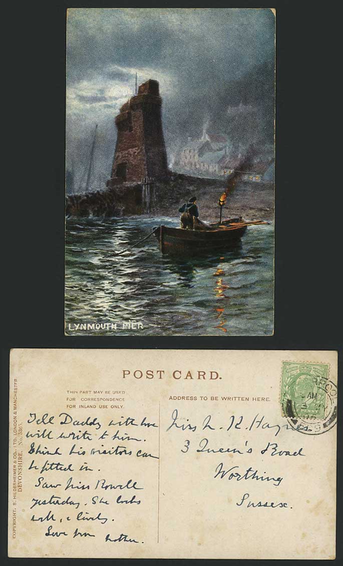 Lynmouth Pier by Night, Tower Fishing Boat Fisherman 1905 Old Art Drawn Postcard