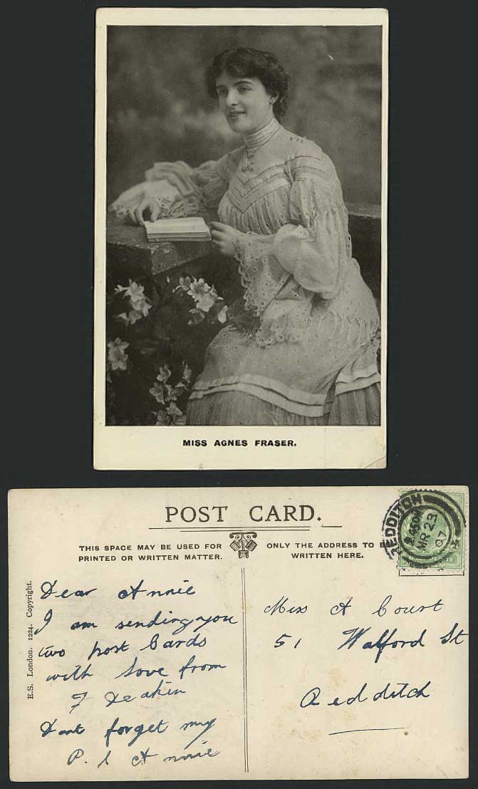 Edwardian Actress Miss AGNES FRASER Reading a Book Flowers 1907 Old RP Postcard