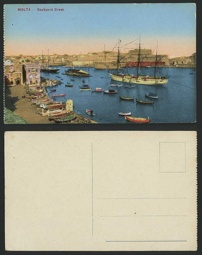 Malta Old Colour Postcard Dockyard Creek Schooners Steamers Ships DGHAISA Boats