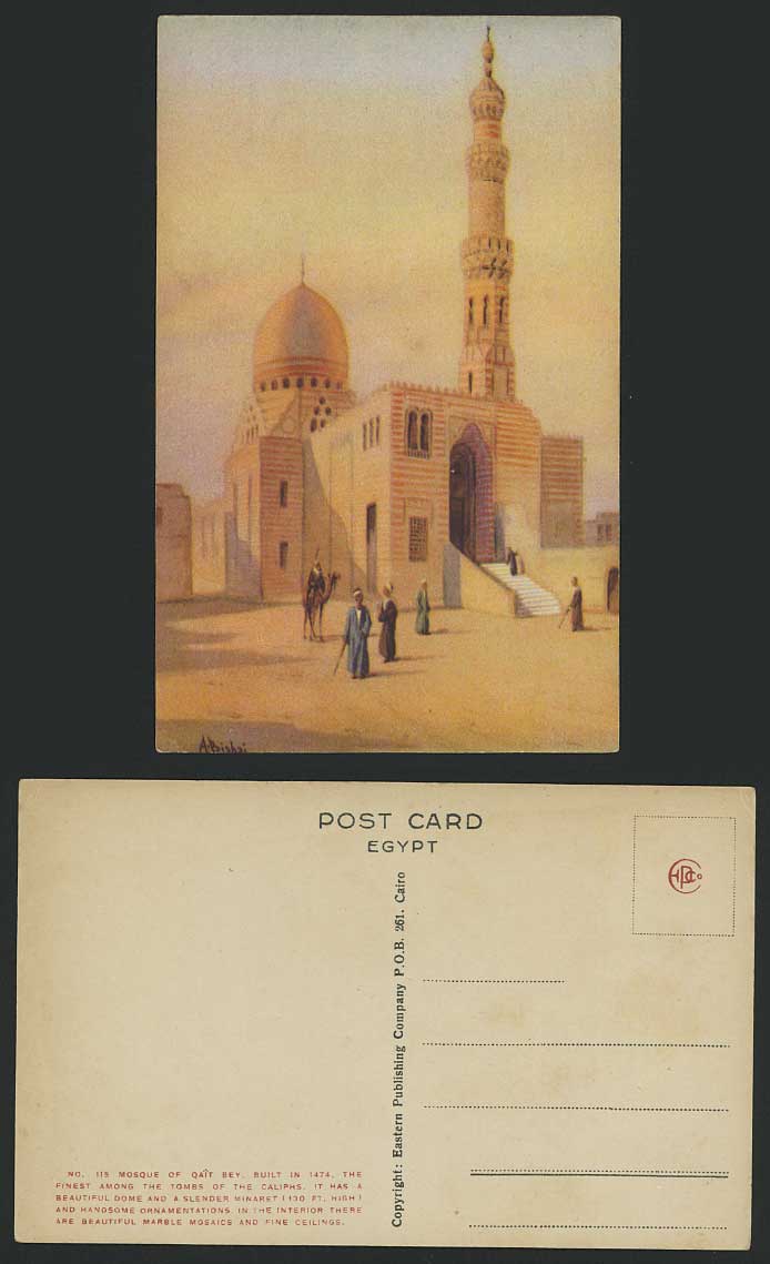 Egypt A BISHAI Old Postcard Mosque Qait Bey Tombs of Caliphs Dome Minaret Sunset