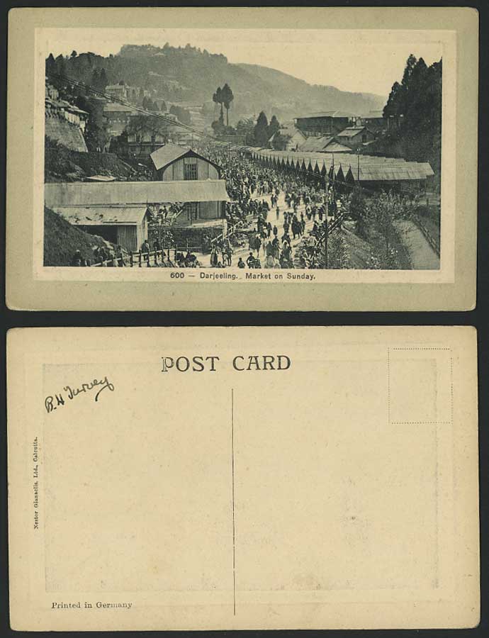 India Old Embossed Postcard Darjeeling Market on Sunday Hill Native Street Scene