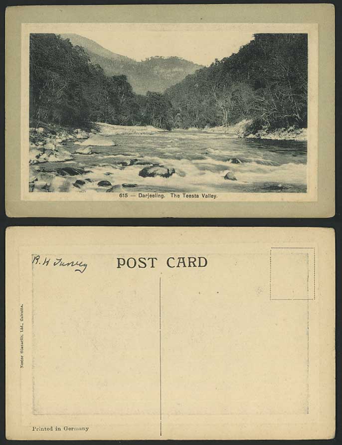 India Old Embossed Postcard Darjeeling THE TEESTA VALLEY River Scene Rocks Hills
