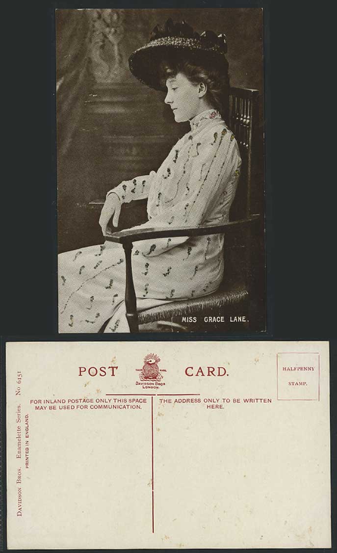 Actress Miss Grace Lane Sitting on Chair Hat, Novelty with Glitters Old Postcard