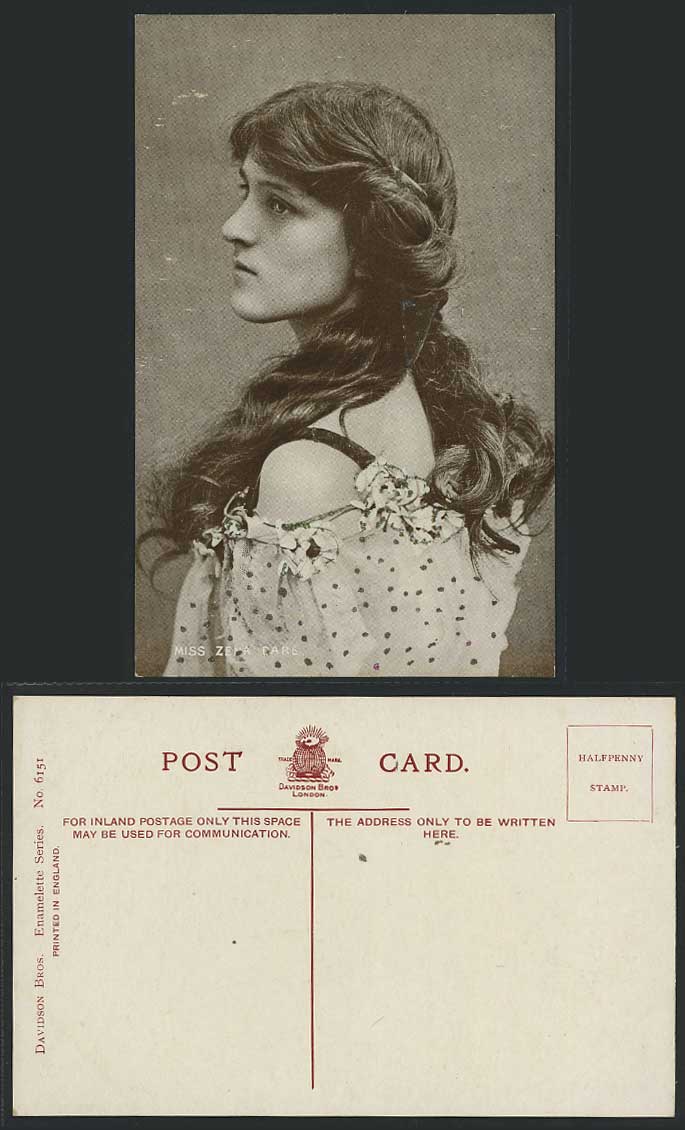 Actresses Miss ZENA DARE, Novelty with Glitters Old Postcard Davidson Bros. 6151