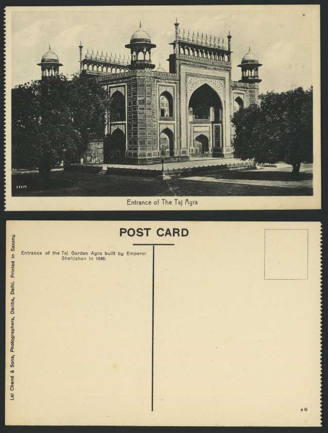 India Old Postcard Entrance of Taj Mahal, Agra, built by Emperor Shahjahan, 1648