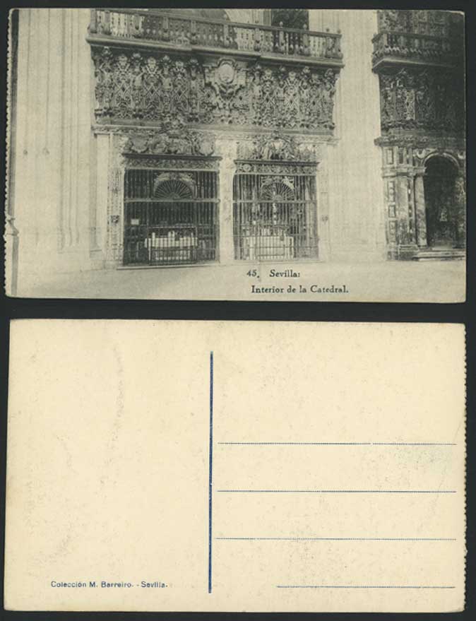 Spain Old Postcard SEVILLA Interior de la Catedral Cathedral Entrance Gate No.45