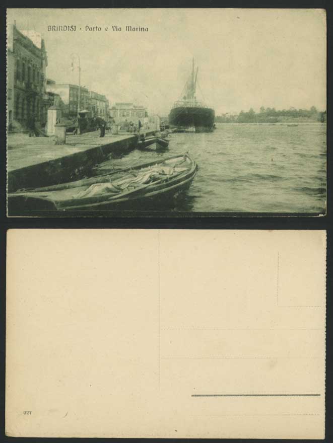 Italy BRINDISI Porto Via Marina Steamer Steam Ship Boats in Harbour Old Postcard