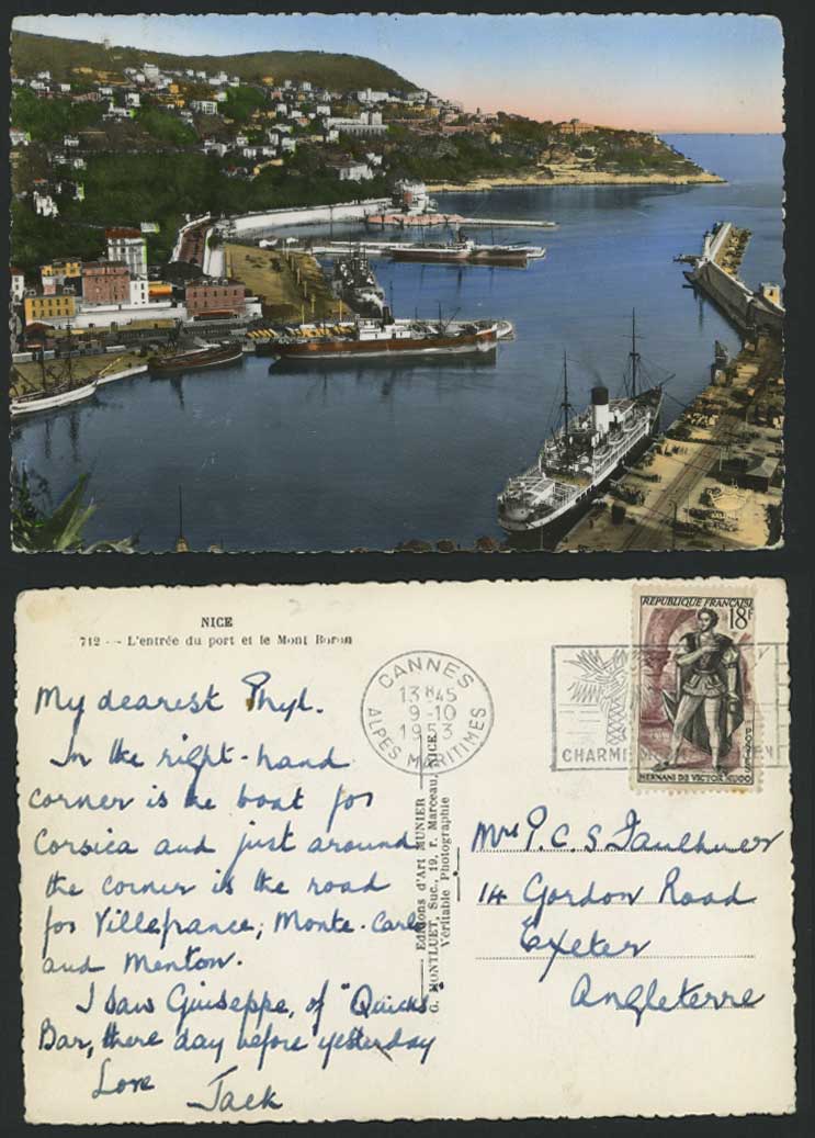 France 1953 Old Postcard NICE L'Entree du Port Mont Boron Harbour Entrance Ships