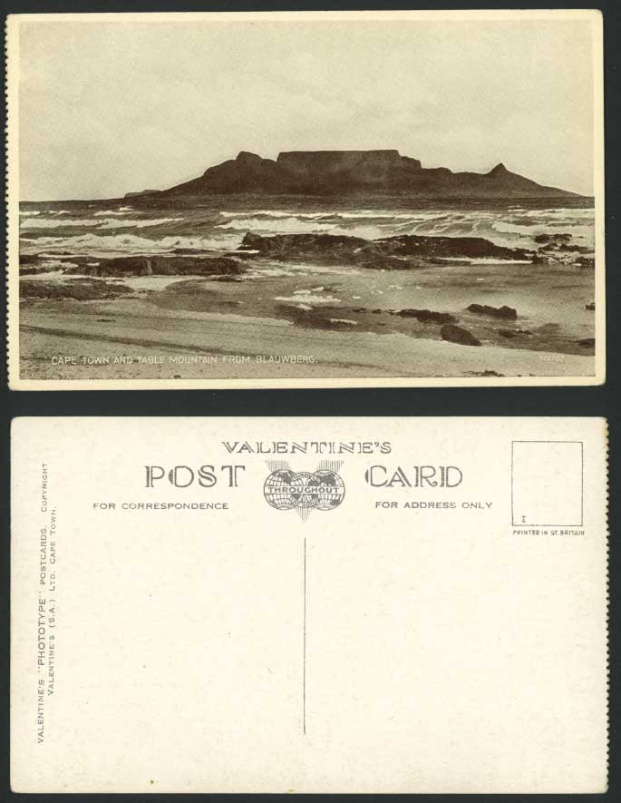 South Africa Cape Town & Table Mountain from Blauwberg, Rocks Beach Old Postcard