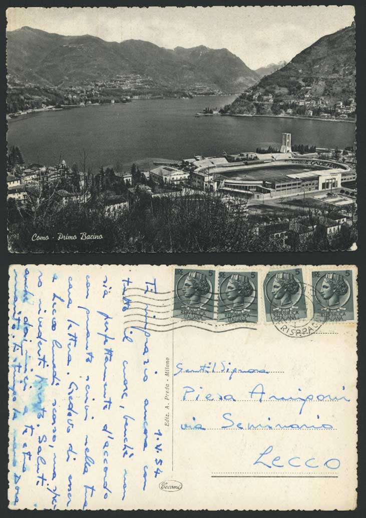 Italy 1954 Old Real Photo Postcard COMO Primo Bacino, Lake, Stadium Sports Field