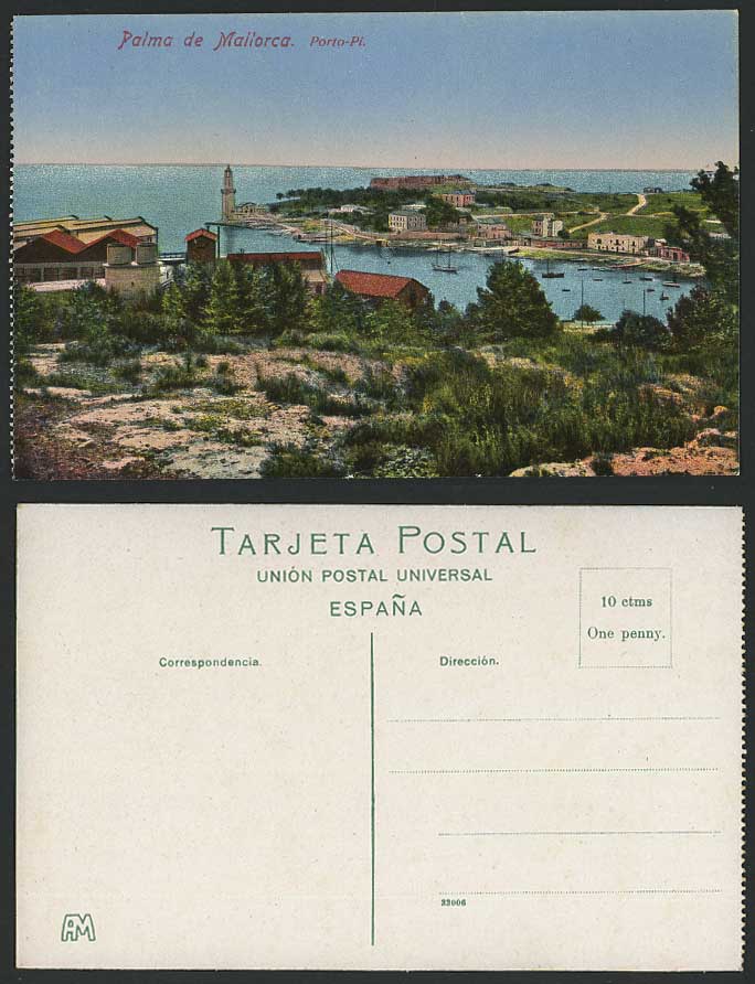 Spain Old Colour Postcard Palma de Mallorca Porto-Pi Harbour Lighthouse Panorama