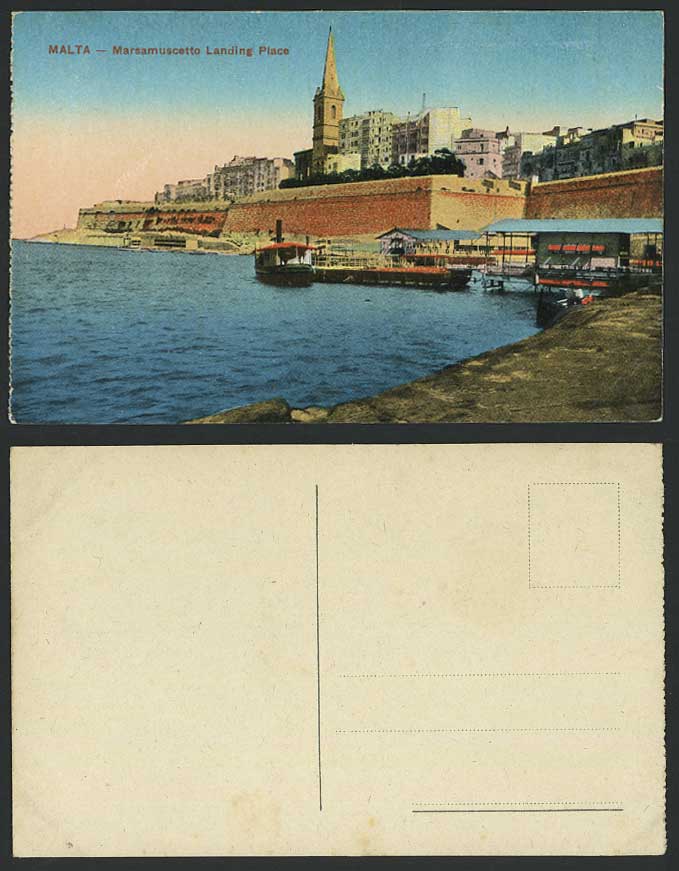 Malta Old Colour Postcard Marsamuscetto Landing Place Boats Quay Wharf Steamboat