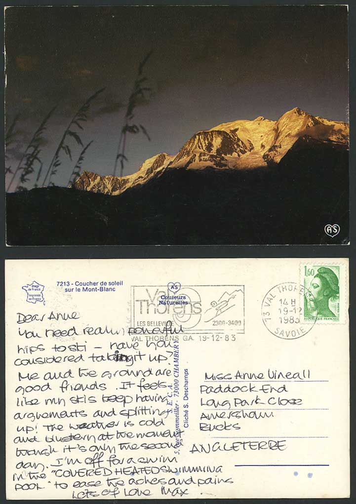 France Coucher de Soleil sur le Mont-Blanc Snowy Mountains 1983 Larger Postcard