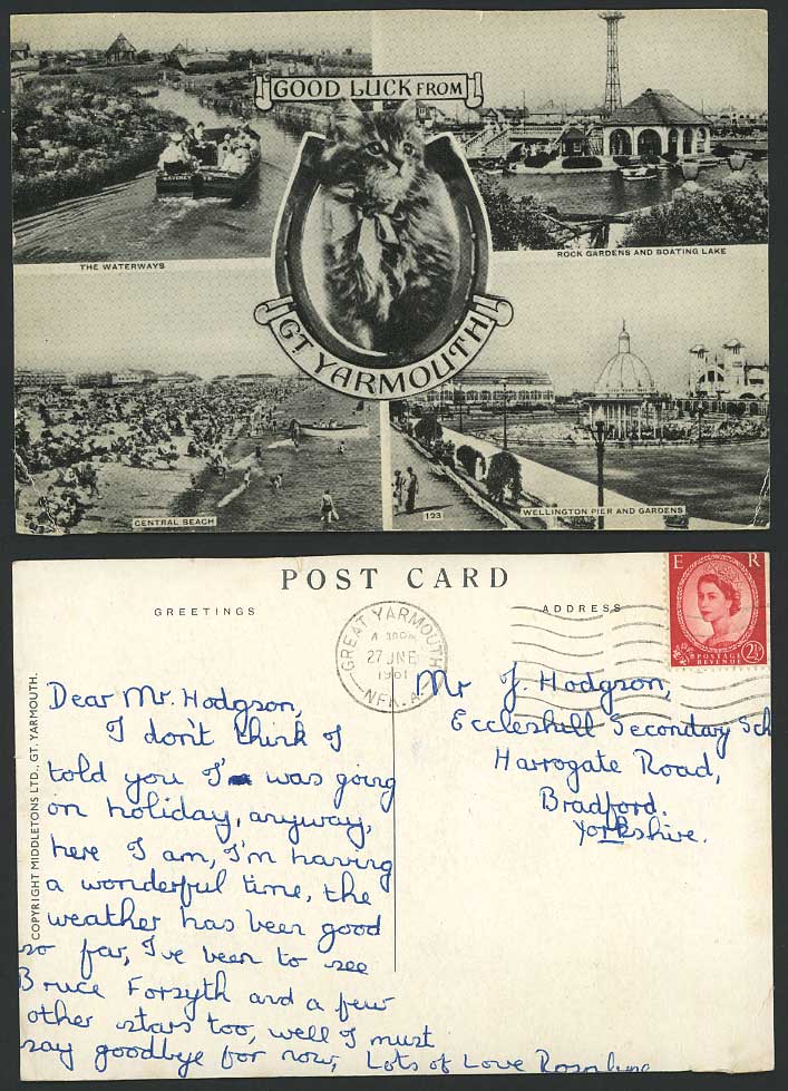 Great Yarmouth 1961 Postcard Cat Kitten Waterways Central Beach Wellington Pier