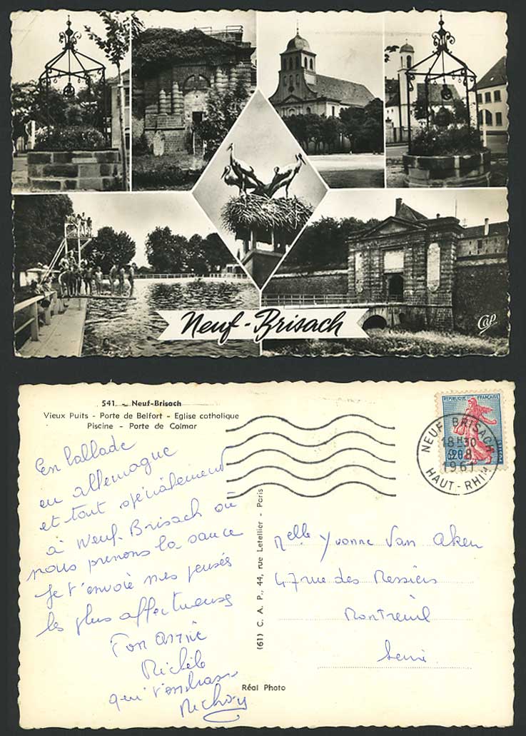 Neuf-Brisach 1961 Postcard Well Catholic Church, Pool, Porte de Colmar & Belfort