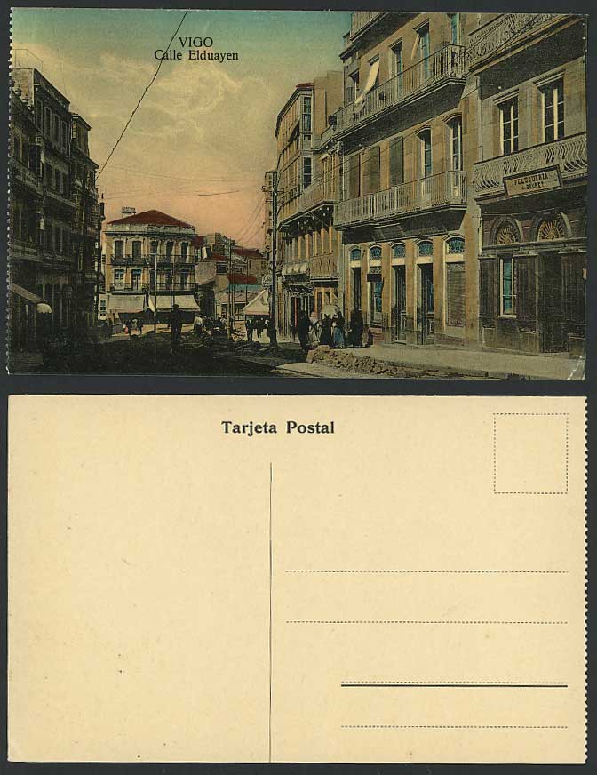 Spain Old Colour Postcard VIGO Calle Elduayen, Street Scene Peluqueria J. Brunet