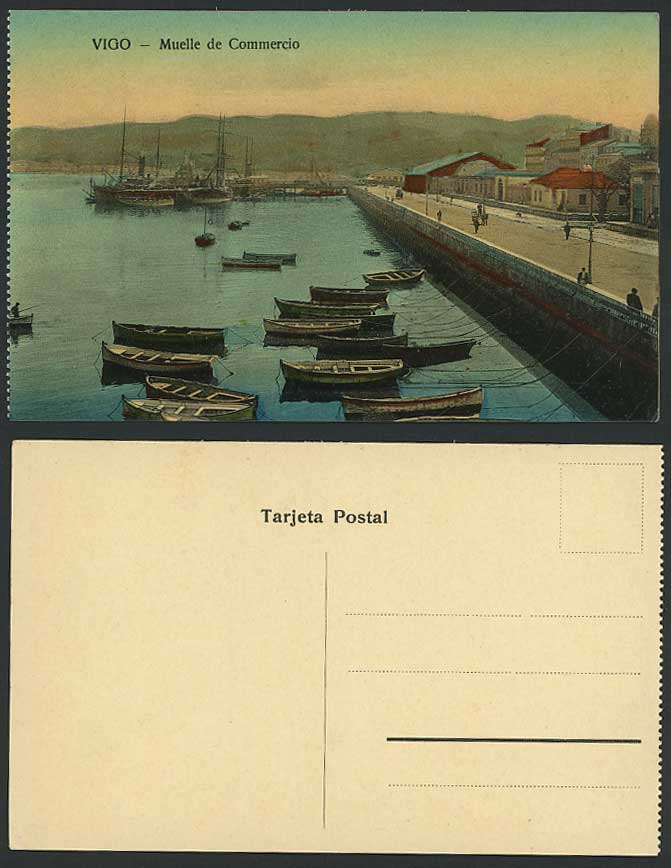 Spain Old Colour Postcard VIGO Muelle de Commercio, Wharf, Harbour, Ships, Boats