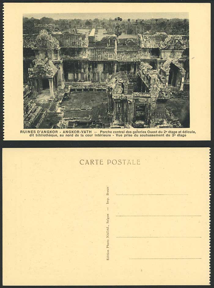 Cambodia Old Postcard ANGKOR-VATH Temple Ruins Library N Courtyard Central Porch