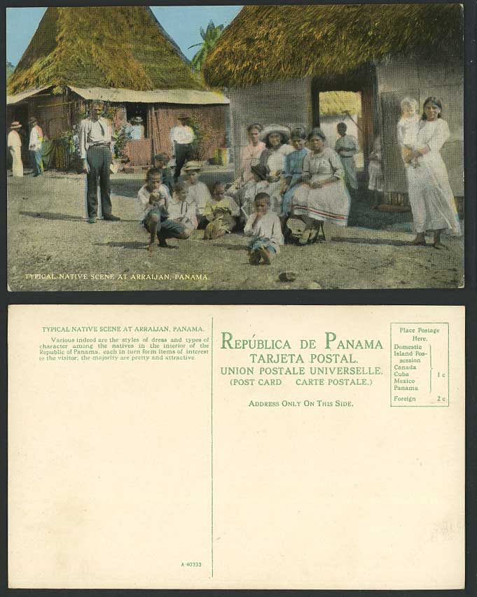 Panama Old Postcard Typical Native Scene at Arraijan, Women Children Boys Houses