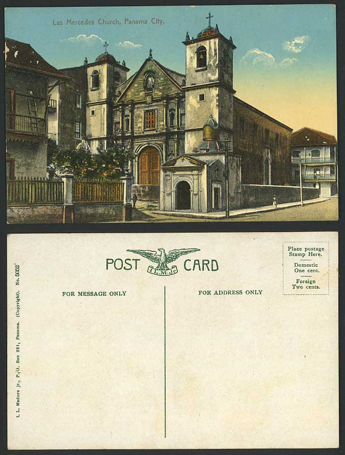 Panama Old Colour Postcard Las Mercedes Church, Bell Tower, Cross & Street Scene