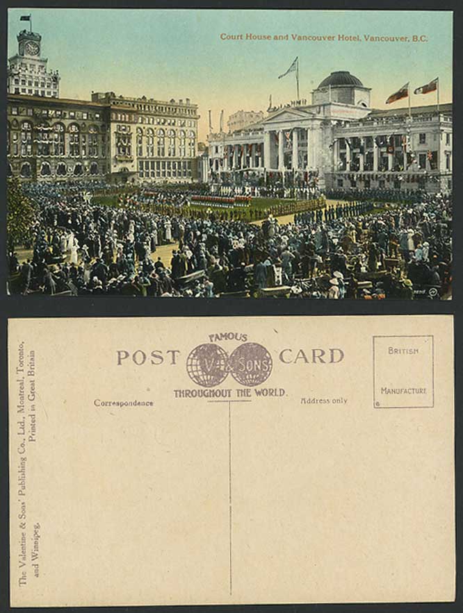 Canada Old Postcard Court House and Vancouver Hotel, Military Review Parade B.C.