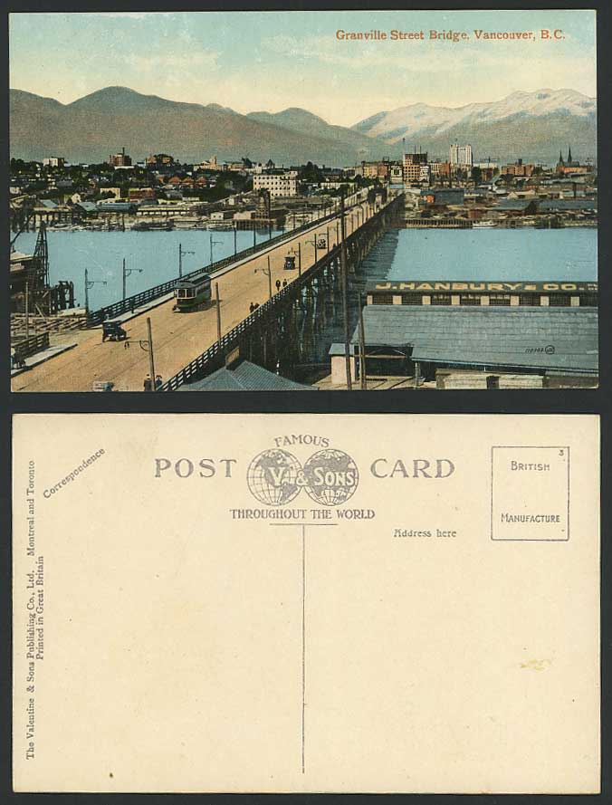 Canada Old Postcard Granville Street Bridge Vancouver B.C TRAM Cars J Hanbury Co