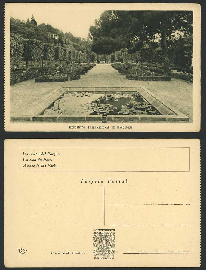 Spain Old Postcard Nook in Park Waterlily Pond Barcelona Internation. Exhibition