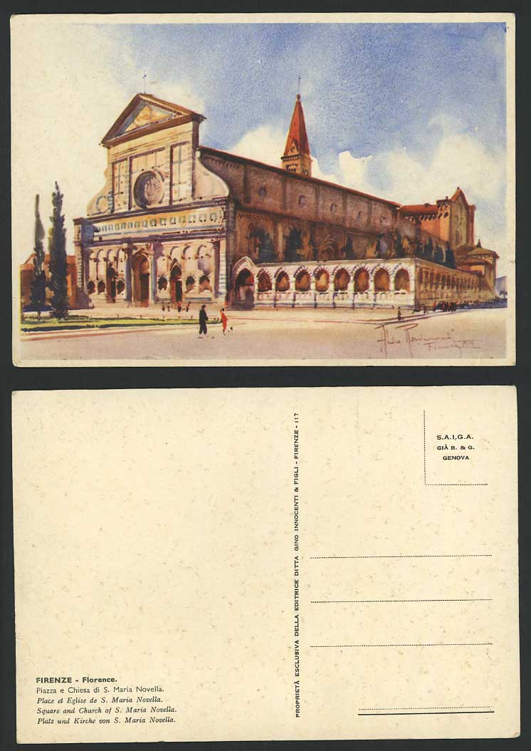 Italy Artist Signed Old Postcard Firenze - Square and Church of S. Maria Novella