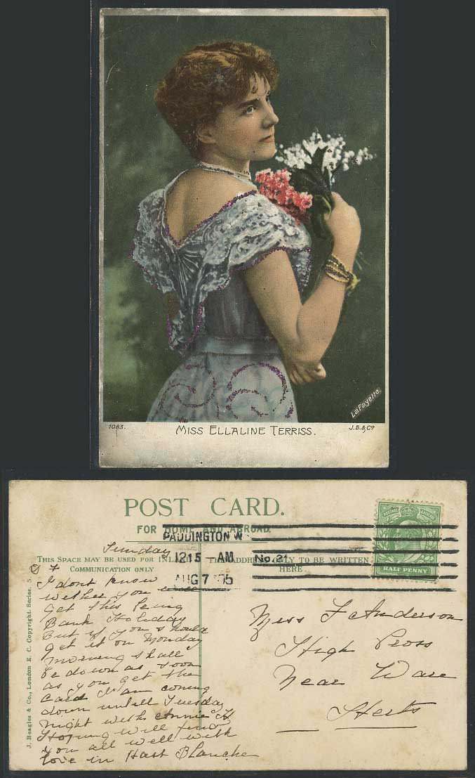 Actress Miss ELLALINE TERRISS Bunch of Flower Novelty Glitters 1905 Old Postcard