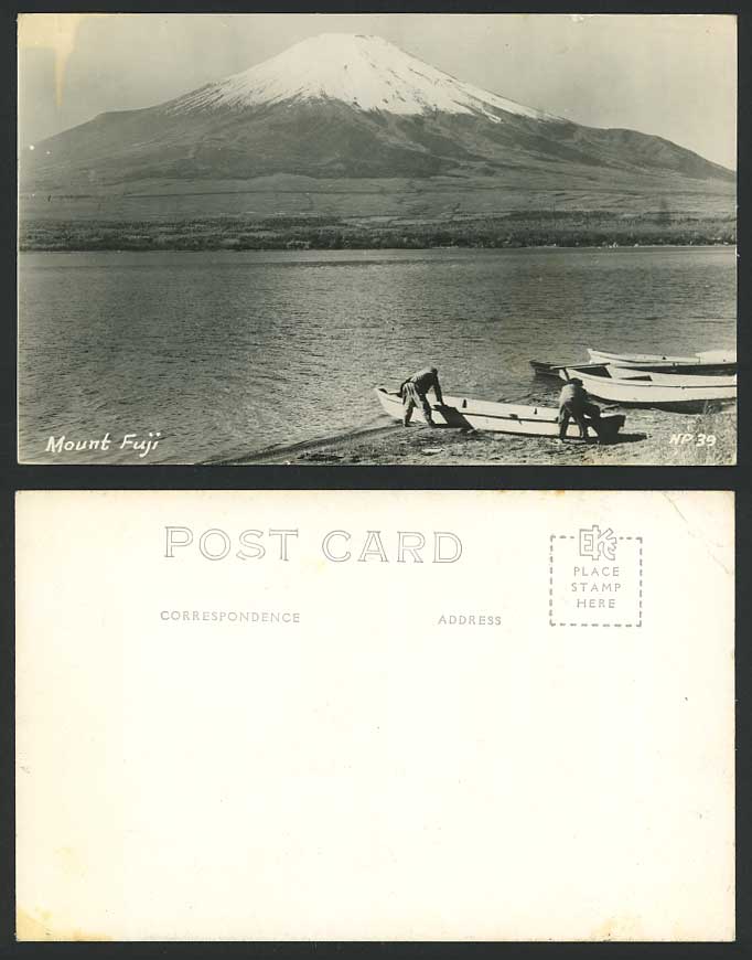Japan Old Real Photo Postcard Mount Mt. Fuji from Lake Boats Snowy Mountain N.39